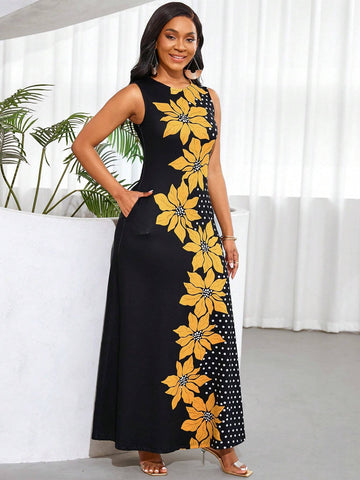 Summer Casual Sleeveless Floral Polka Dot Printed Dress With Color Block Design
