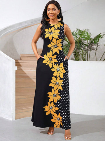 Summer Casual Sleeveless Floral Polka Dot Printed Dress With Color Block Design