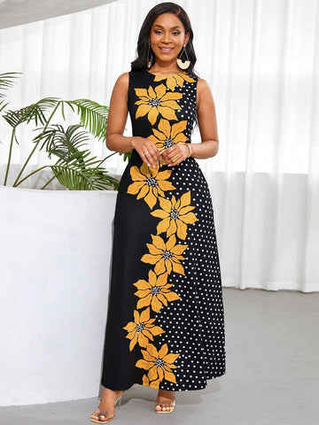 Summer Casual Sleeveless Floral Polka Dot Printed Dress With Color Block Design
