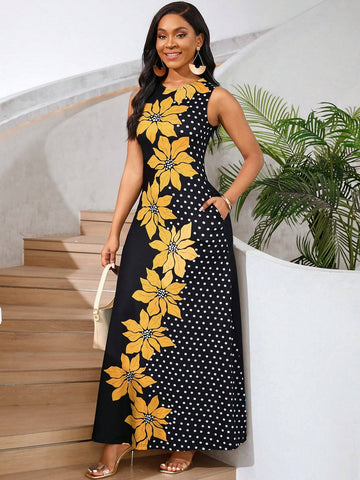 Summer Casual Sleeveless Floral Polka Dot Printed Dress With Color Block Design