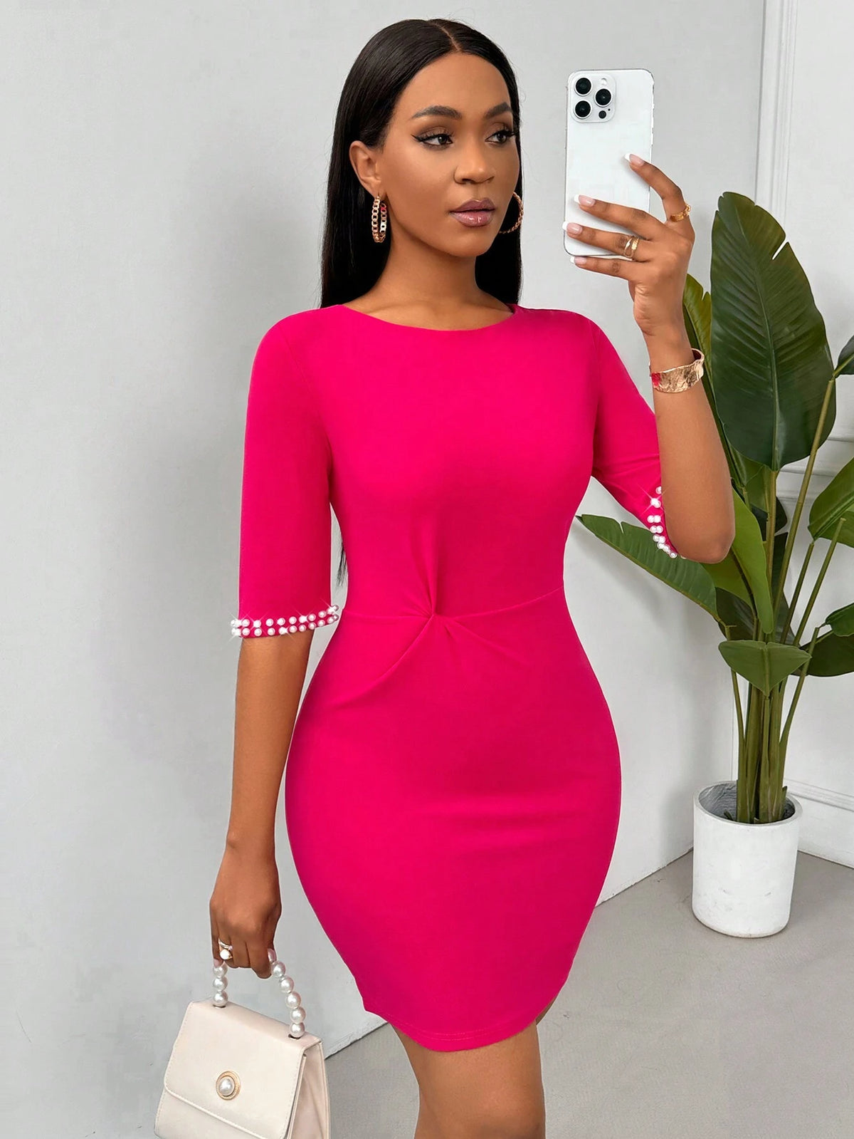 Summer Elegant Round Neck Beaded Decor Twist-Front Bodycon Dress