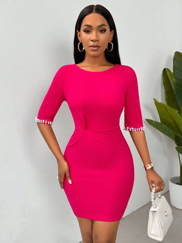 Summer Elegant Round Neck Beaded Decor Twist-Front Bodycon Dress