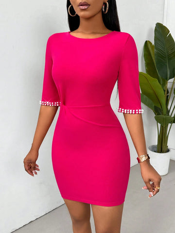 Summer Elegant Round Neck Beaded Decor Twist-Front Bodycon Dress