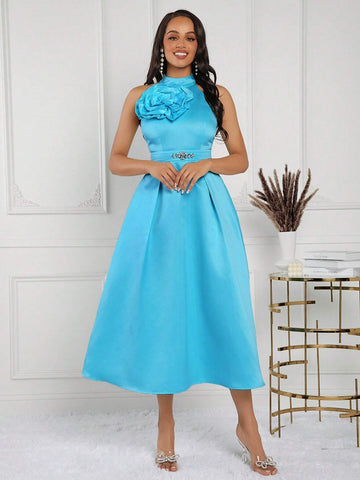 Summer Women's Blue Dress With 3D Handmade Flowers, Formal Wedding Party Dress,