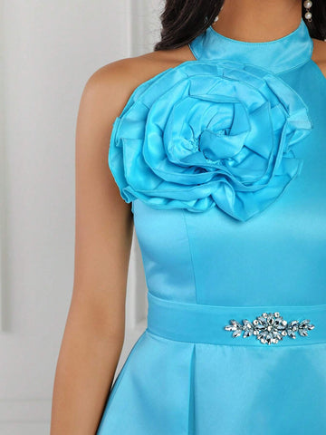 Summer Women's Blue Dress With 3D Handmade Flowers, Formal Wedding Party Dress,