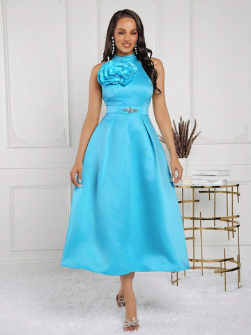Summer Women's Blue Dress With 3D Handmade Flowers, Formal Wedding Party Dress,