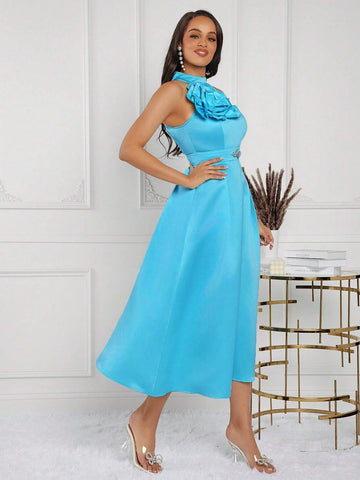 Summer Women's Blue Dress With 3D Handmade Flowers, Formal Wedding Party Dress,