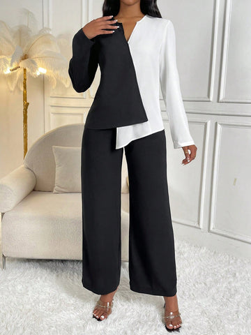Two Tone Asymmetrical Hem Top & Wide Leg Pants