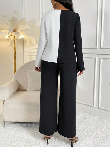 Two Tone Asymmetrical Hem Top & Wide Leg Pants