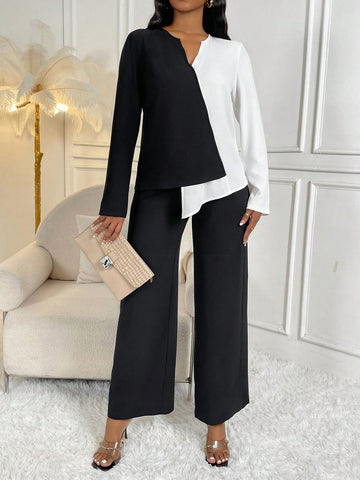 Two Tone Asymmetrical Hem Top & Wide Leg Pants