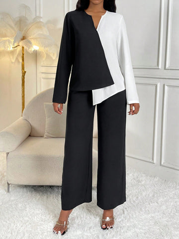 Two Tone Asymmetrical Hem Top & Wide Leg Pants