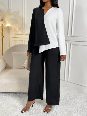 Two Tone Asymmetrical Hem Top & Wide Leg Pants