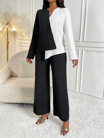Two Tone Asymmetrical Hem Top & Wide Leg Pants
