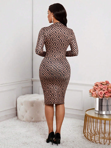 V-Neck Slim Fit Women's Dress Geometric Print Metal Buckle Design Women's Dress