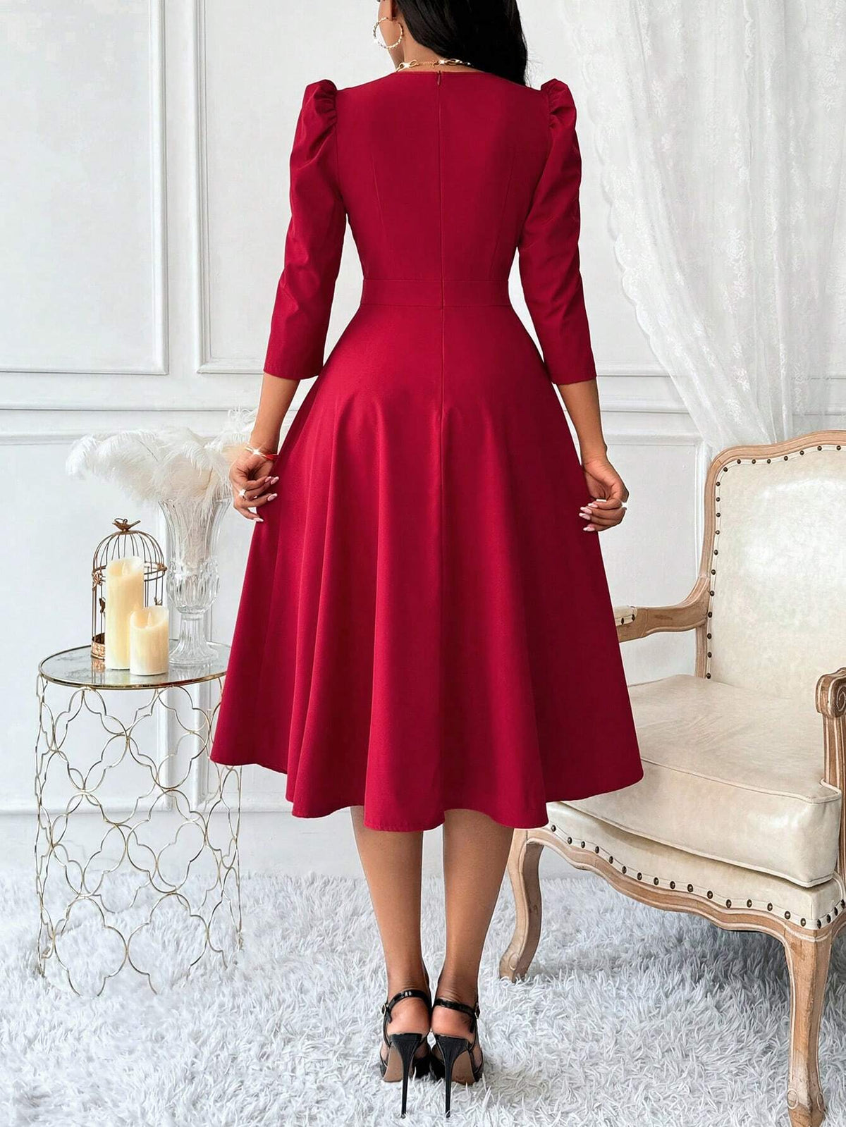 V-Neck Waist Cinched 3/4 Sleeve Flared Dress For Women