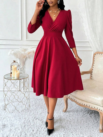 V-Neck Waist Cinched 3/4 Sleeve Flared Dress For Women
