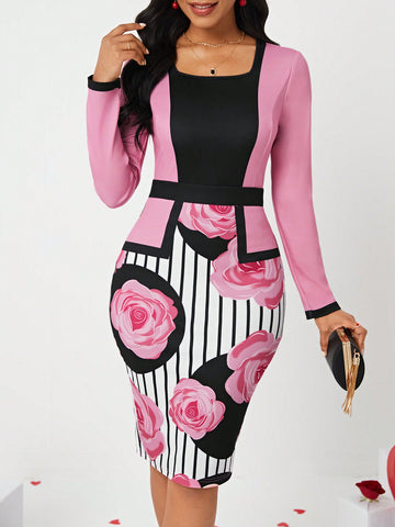 Valentine's Day Floral Print Workwear Dress