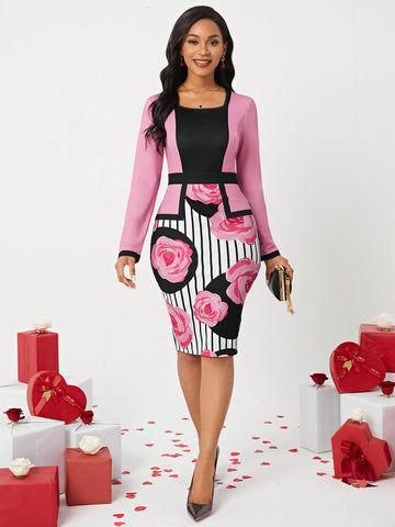 Valentine's Day Floral Print Workwear Dress