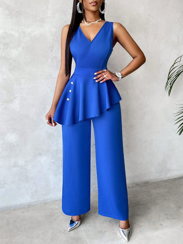 Women'S Sleeveless Jumpsuit With Ruffle Hem Detail And Patchwork Design