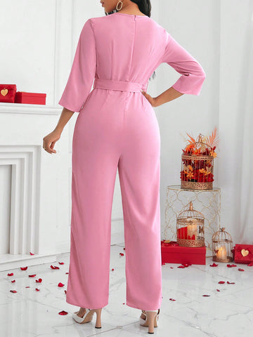 Women'S V-Neck Wrap Waistband Wide Belt 7/8 Sleeve Straight Leg Jumpsuit