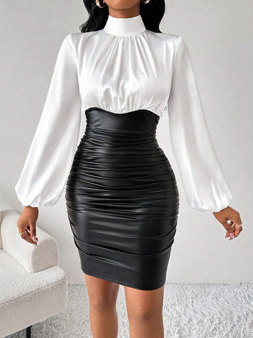 Women Elegant Pu Leather Patch Ruched Mini Dress Colorblock Patchwork Loose Long Sleeves