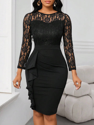 Women Elegant Solid Color Lace Patchwork Slim Fit Mini Dress, Autumn