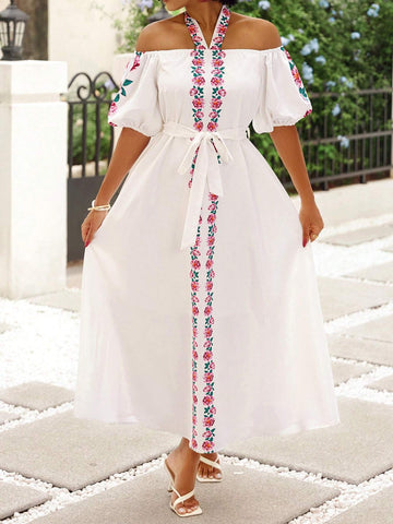 Women Floral Print Off Shoulder Belted Vacation Dress