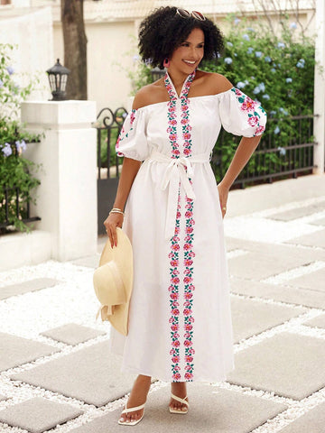 Women Floral Print Off Shoulder Belted Vacation Dress
