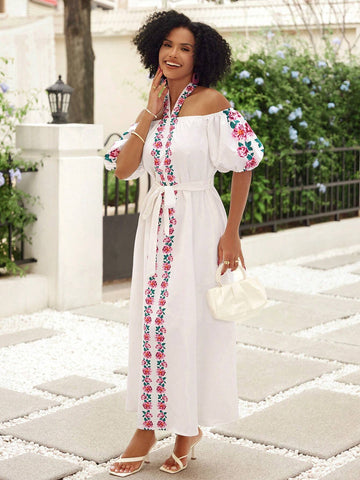 Women Floral Print Off Shoulder Belted Vacation Dress