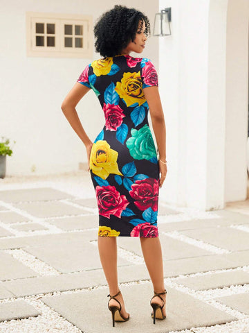 Women Floral Print Vacation Style Short Sleeve Dress
