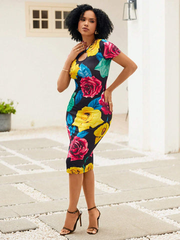Women Floral Print Vacation Style Short Sleeve Dress