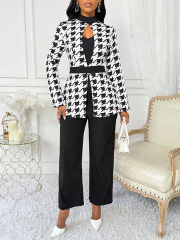 Women Solid Color Splice Hollow Out Long Sleeve Jumpsuit, Casual Daily Wear