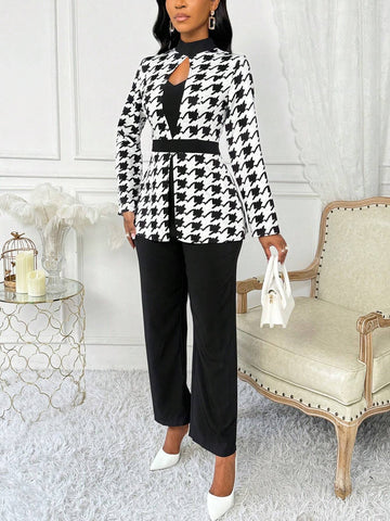 Women Solid Color Splice Hollow Out Long Sleeve Jumpsuit, Casual Daily Wear