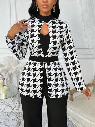 Women Solid Color Splice Hollow Out Long Sleeve Jumpsuit, Casual Daily Wear