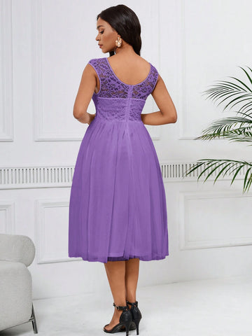 Women Solid Color Splice Lace Waist-Cinching Dress