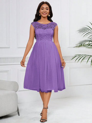 Women Solid Color Splice Lace Waist-Cinching Dress