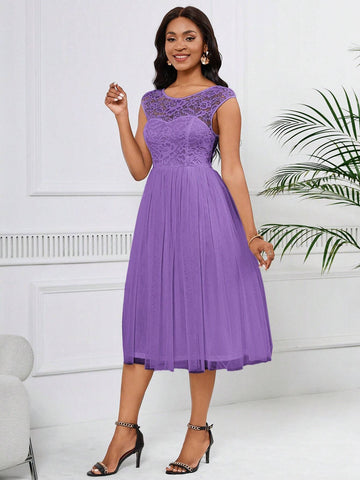 Women Solid Color Splice Lace Waist-Cinching Dress