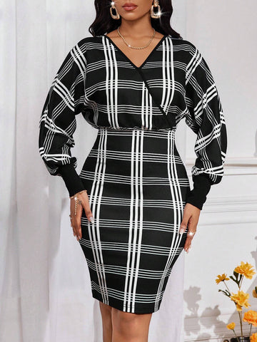 Women V-Neck Cross Wrap Plaid Print Long Sleeve Mini Dress