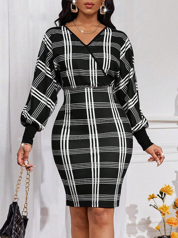 Women V-Neck Cross Wrap Plaid Print Long Sleeve Mini Dress