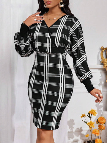 Women V-Neck Cross Wrap Plaid Print Long Sleeve Mini Dress