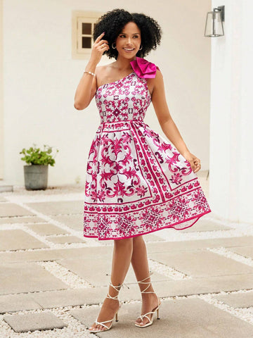 Women Vintage Style Printed Asymmetrical Neck Dress