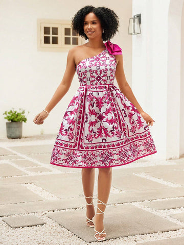 Women Vintage Style Printed Asymmetrical Neck Dress