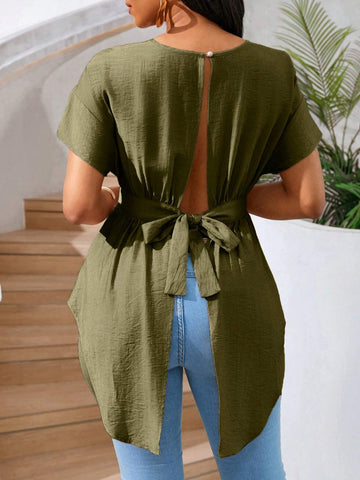 Lady Women Y2K Style Cutout Back Lace-Up Front Short Hem Long Back Khaki/Beige Casual Vacation Summer Tops
