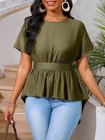 Lady Women Y2K Style Cutout Back Lace-Up Front Short Hem Long Back Khaki/Beige Casual Vacation Summer Tops