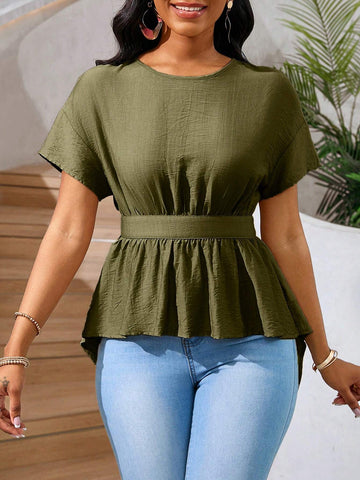 Lady Women Y2K Style Cutout Back Lace-Up Front Short Hem Long Back Khaki/Beige Casual Vacation Summer Tops