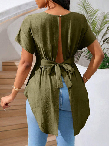 Lady Women Y2K Style Cutout Back Lace-Up Front Short Hem Long Back Khaki/Beige Casual Vacation Summer Tops