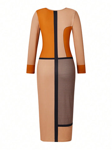 Women's Asymmetric Neck Striped Long Sleeve Dress