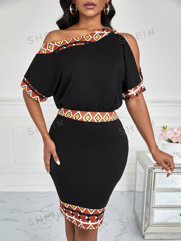 Women's Asymmetrical Collar Geometric Printed Patchwork Long Dress