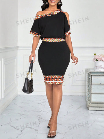 Women's Asymmetrical Collar Geometric Printed Patchwork Long Dress