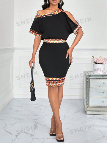 Women's Asymmetrical Collar Geometric Printed Patchwork Long Dress